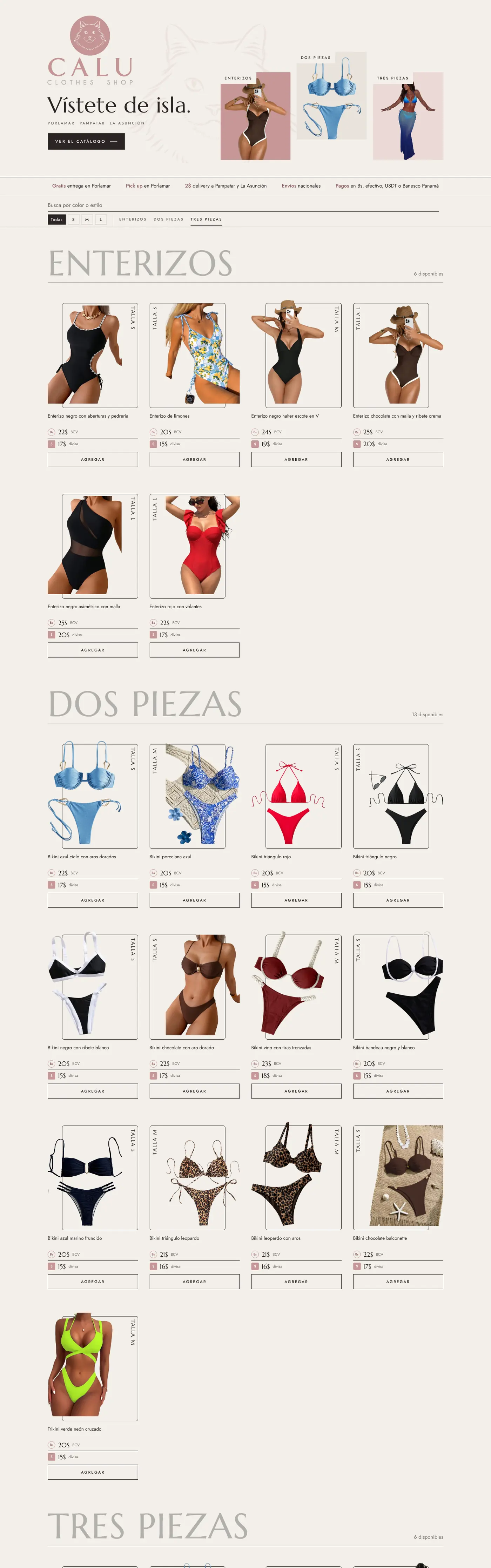 Recorrido por la tienda de Calu: trajes de baño por categoría, con la prenda saliéndose del marco