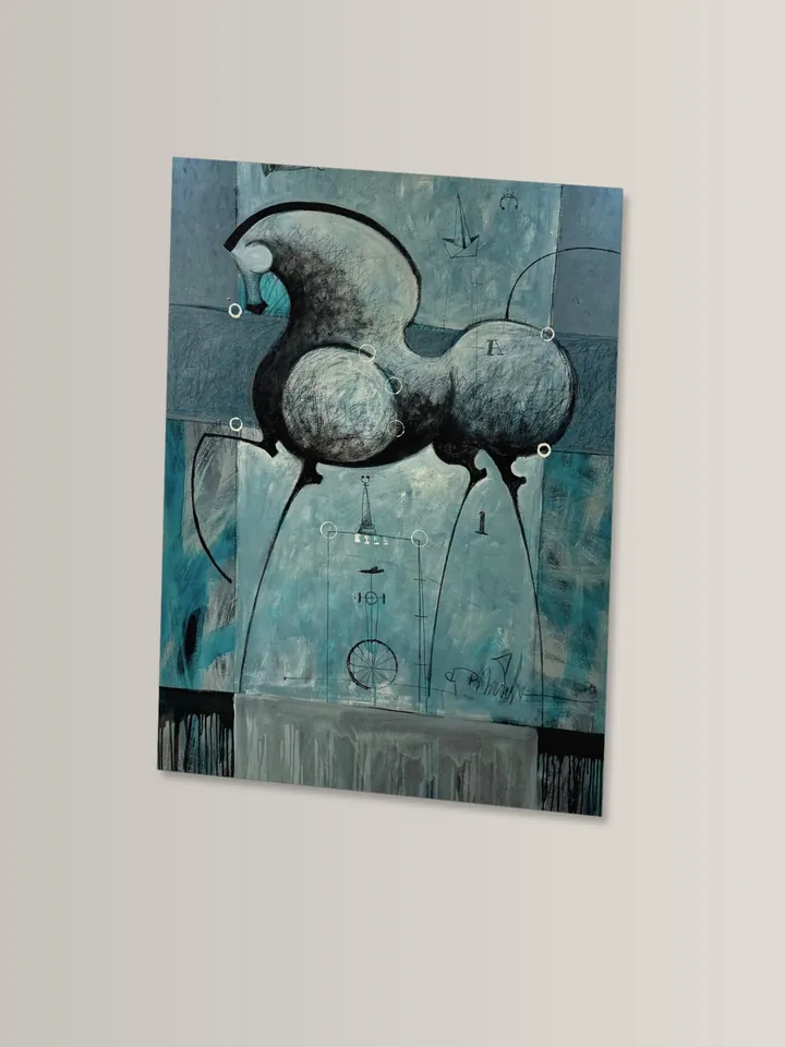 Photo of a painting taken on a phone, skewed and with the wall around it