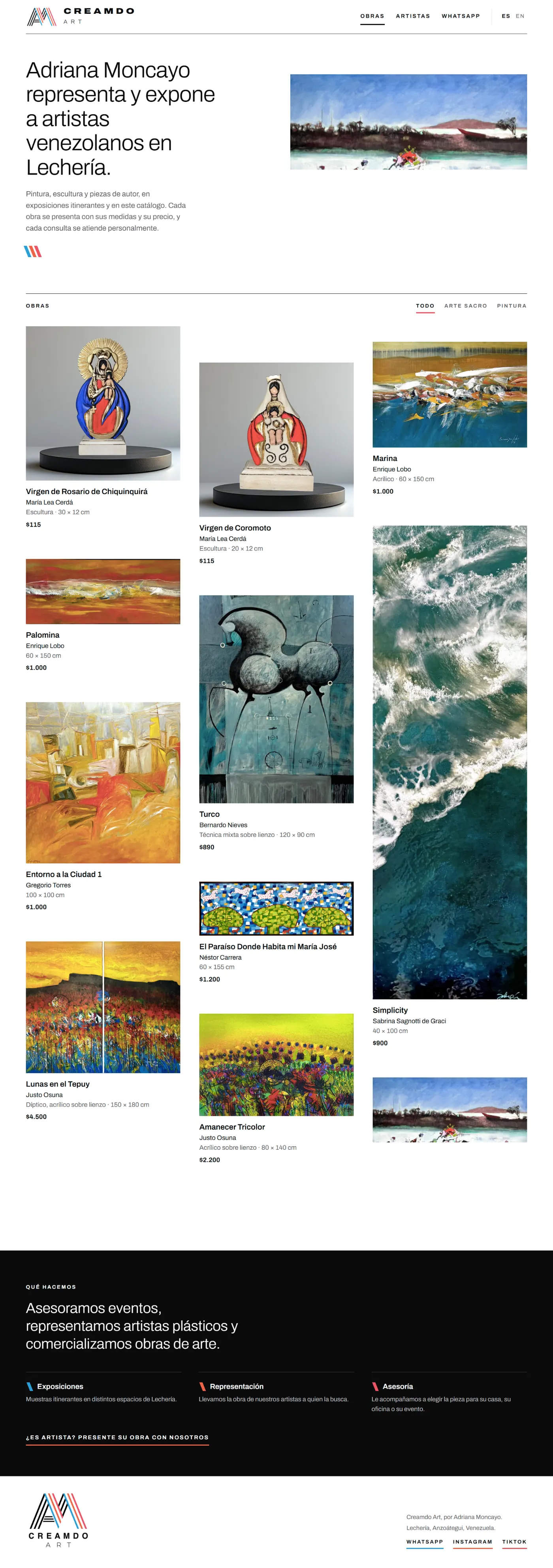 Scroll through the Creamdo Art site: home, artworks with measurements and price, and services
