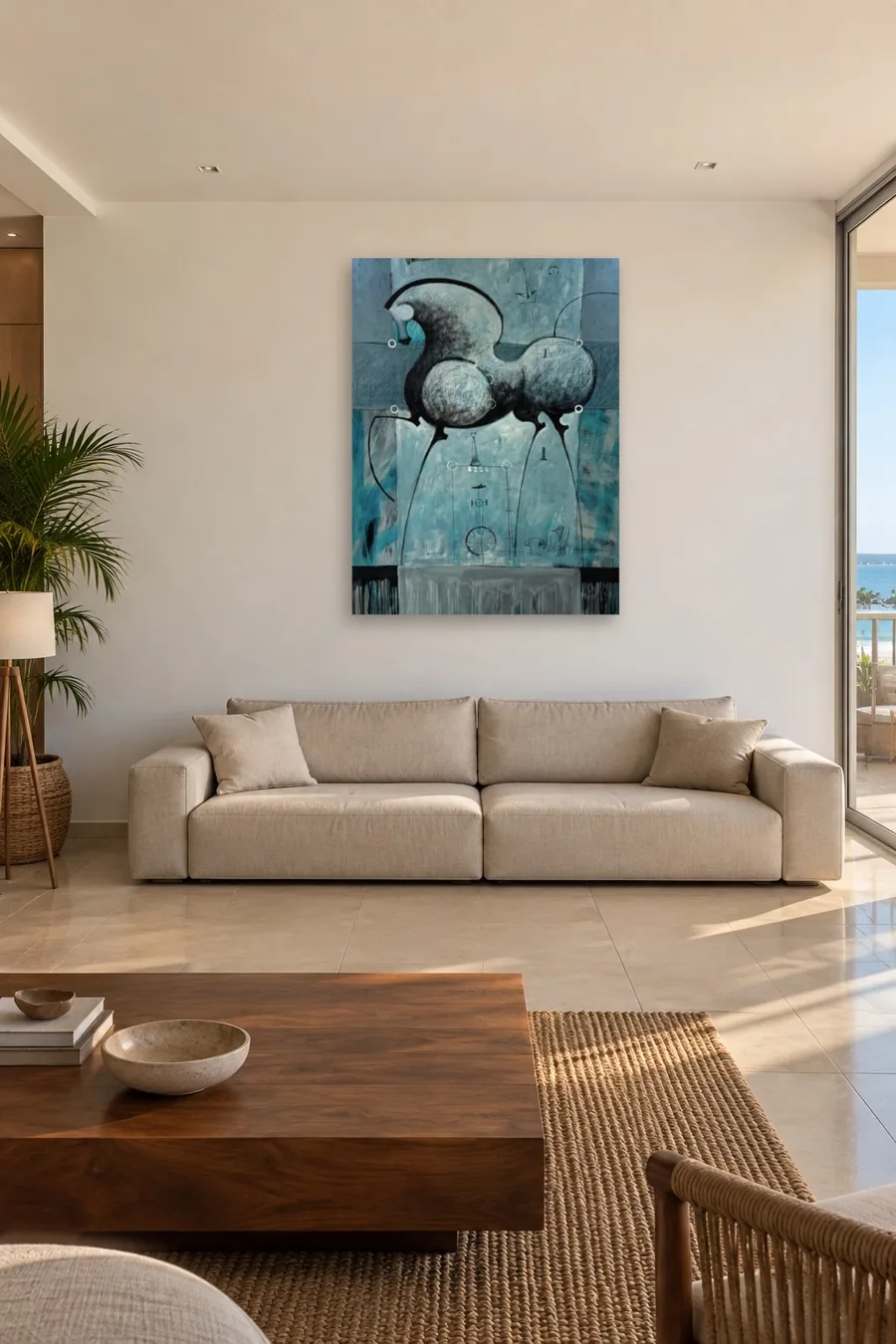 The same painting, straightened and hung to scale above a sofa in a room with a sea view
