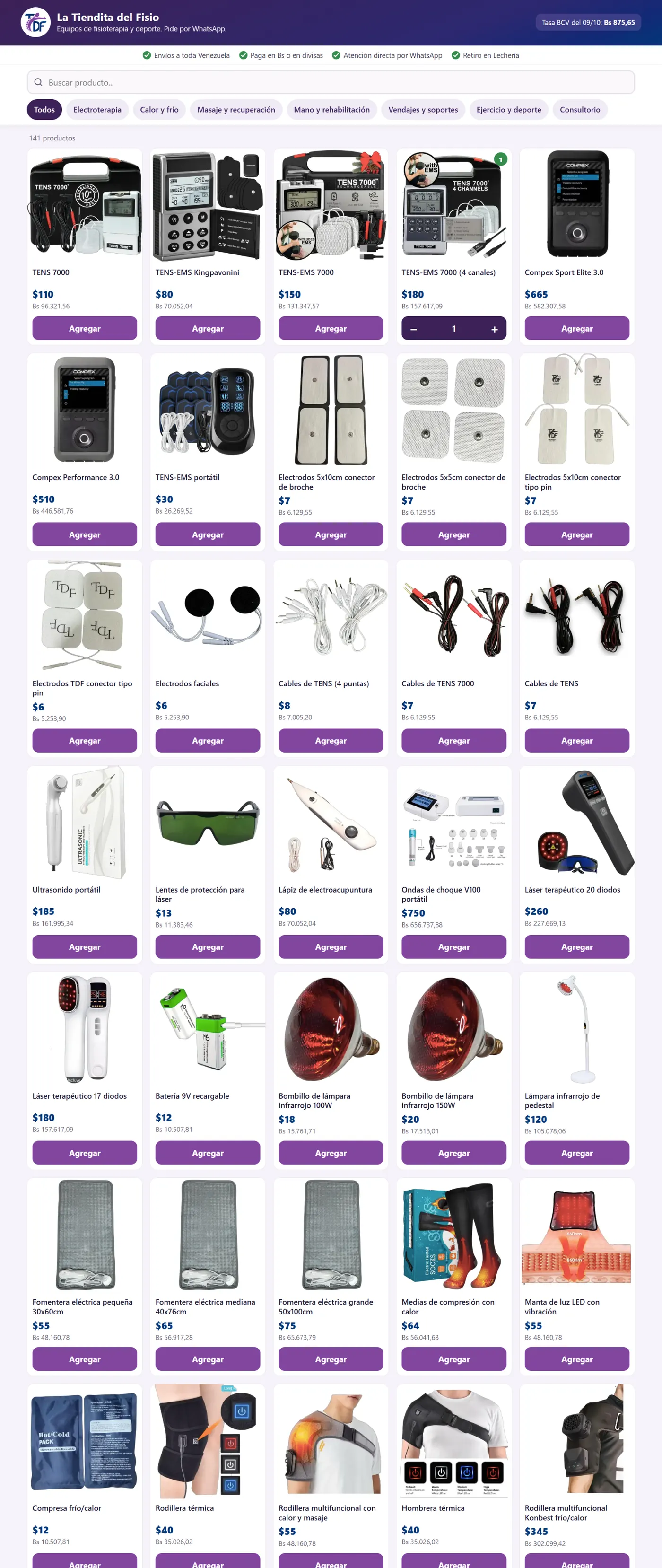 Scroll through La Tiendita del Fisio: search, categories and products priced in two currencies