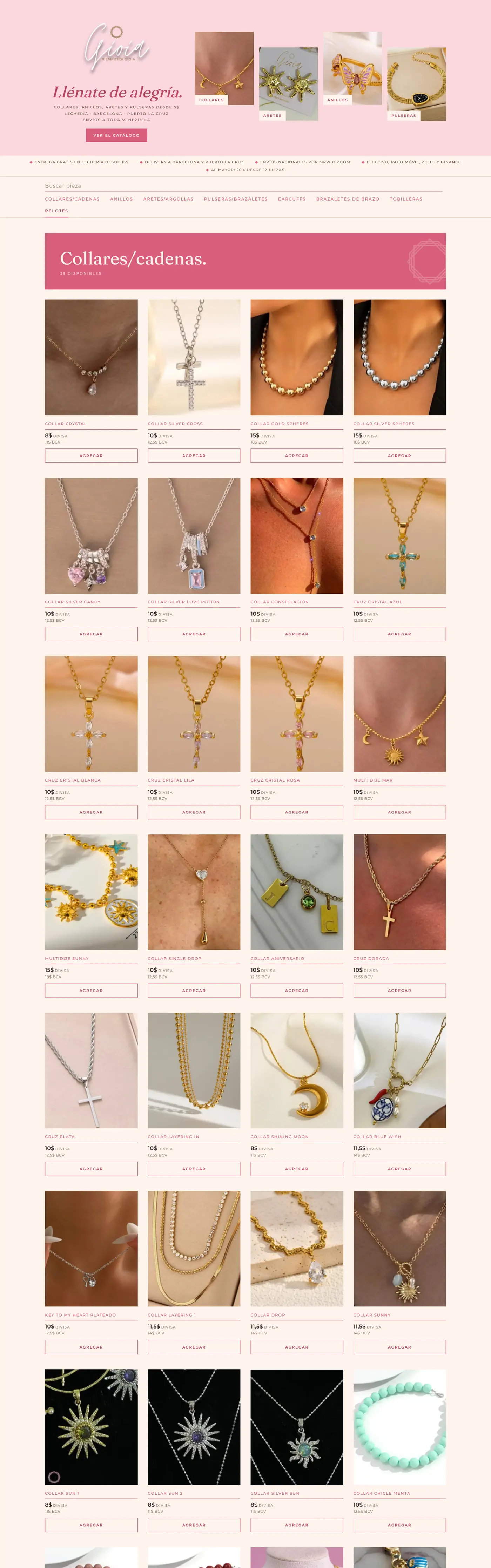Recorrido por la tienda de Gioia: portada, categorías y collares con precio en dos monedas